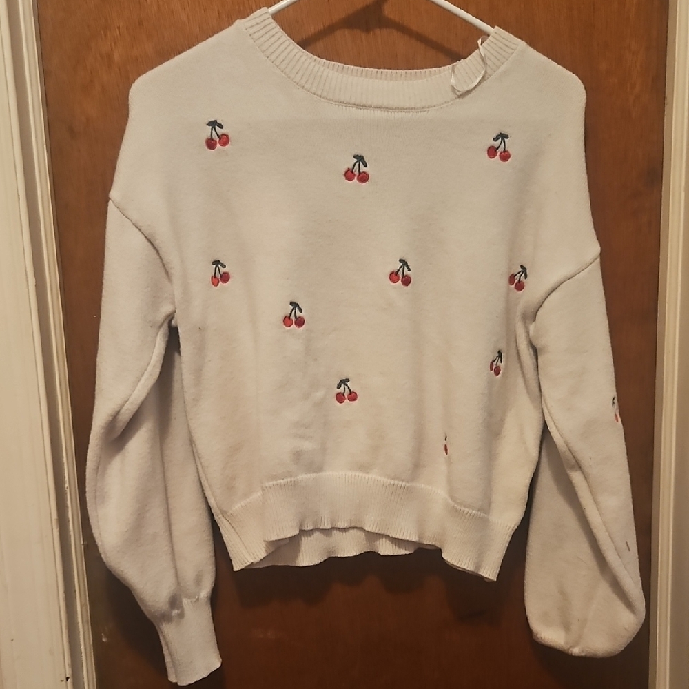 Jessica Simpson Cherry Embroidered White Sweater